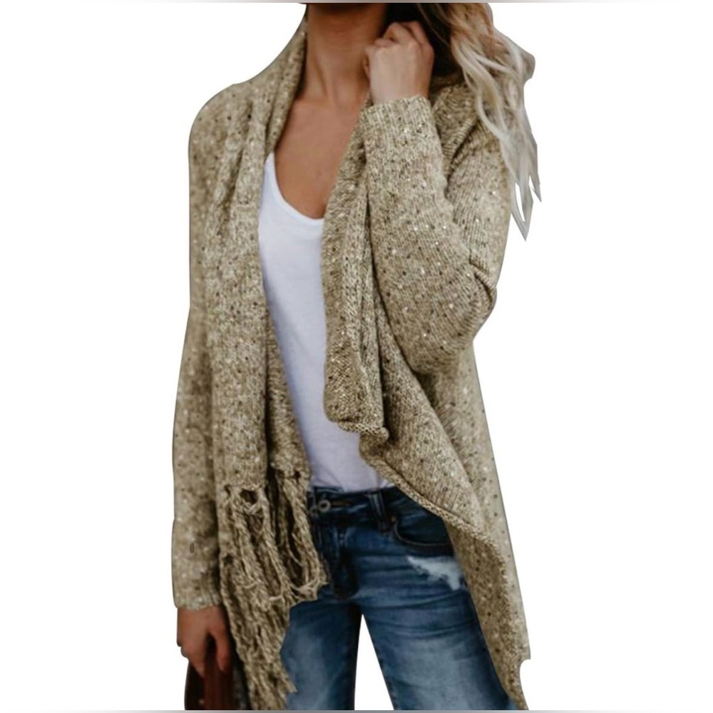 Chic Beige and Brown Cowl Neck Sweater with Fringe